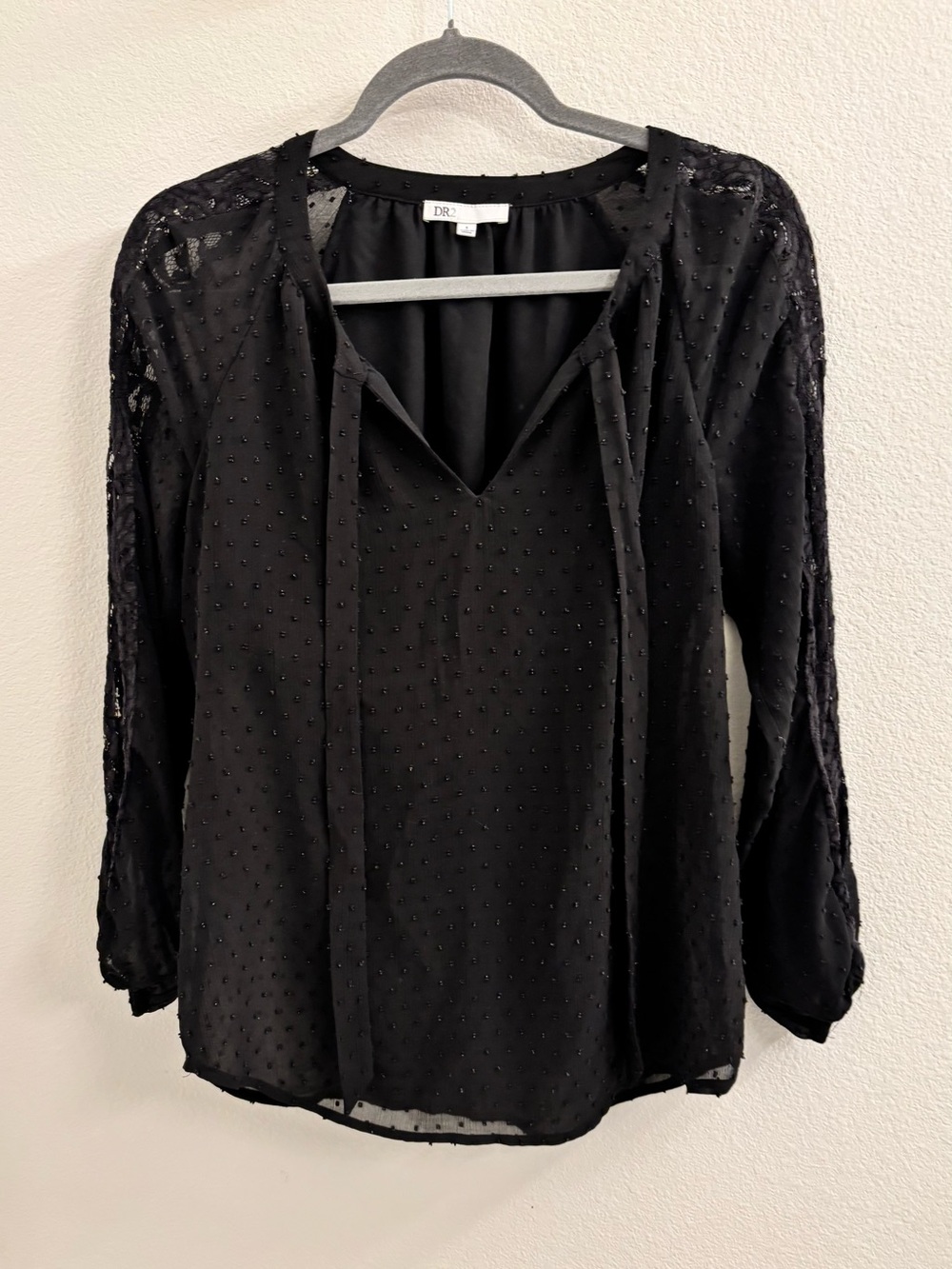 DR2 Black Semi-Sheer Dot Tie-Neck Blouse